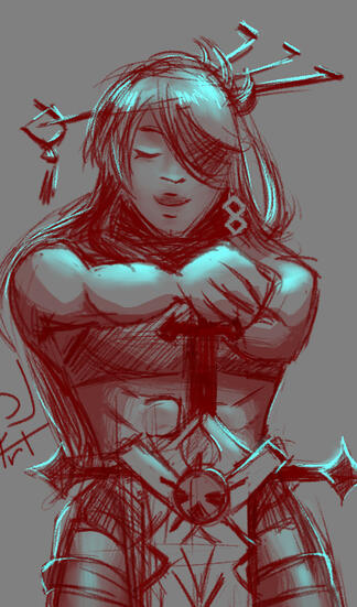 a sketch of a woman in wine red, with subtle cyan lighting coming from above. she's resting on a sword, smiling as she basks