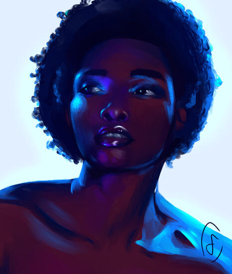 a black woman against a white background; light tones of cyan and purple outline the makeup and details against her skin as she states off left, a stronger outline of blue on her right
