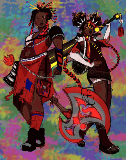 along side Xinyan from Genshin Impact is another character with axe as a weapon, red accents glowing from the middle of it