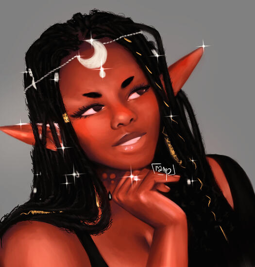an alternate punk black elf against a gray background. shes glissening with silver and gold amongst her hair, and is adorned by a gorgeous cresent moon and jewels